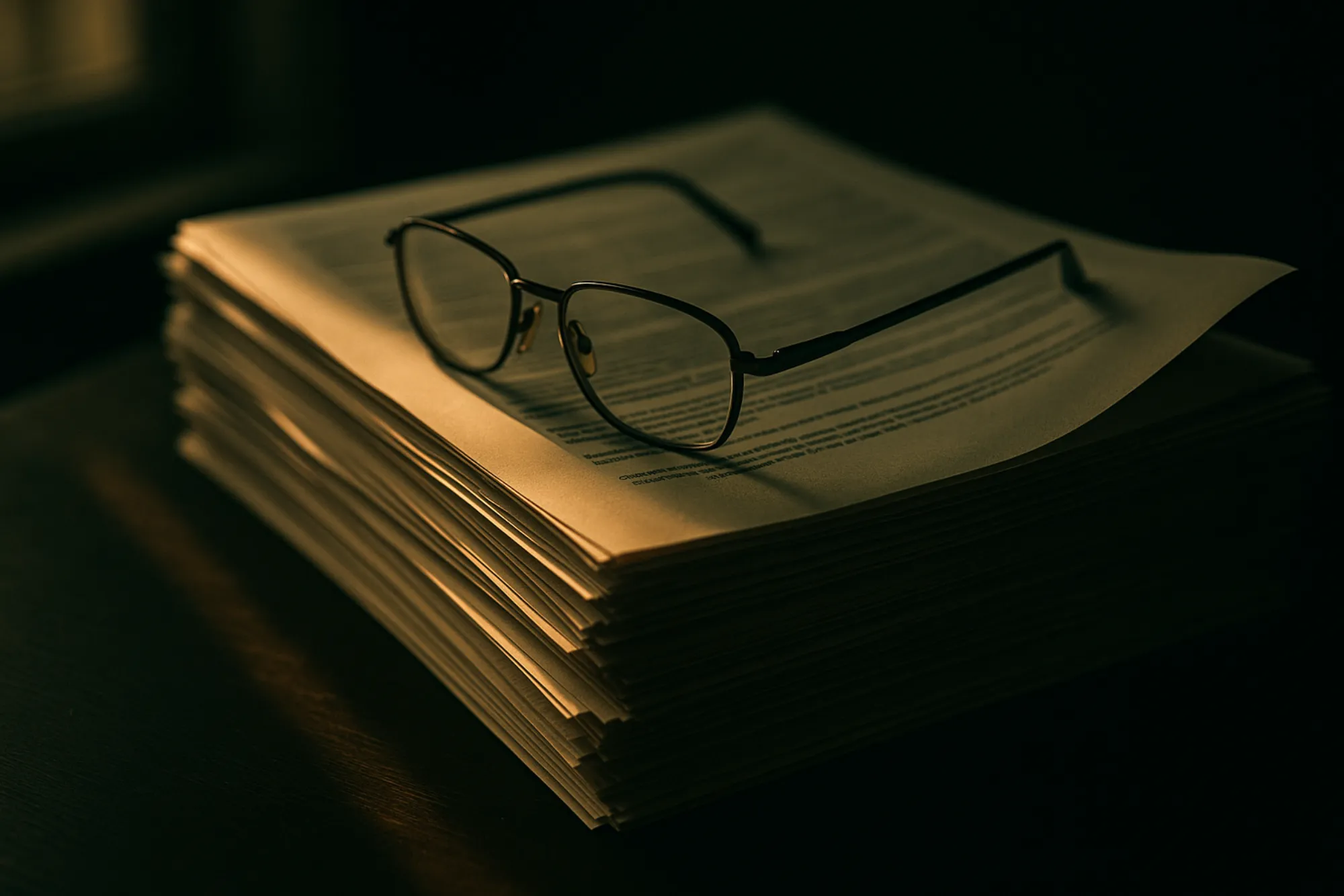 A stack of contracts and reading glasses on a desk